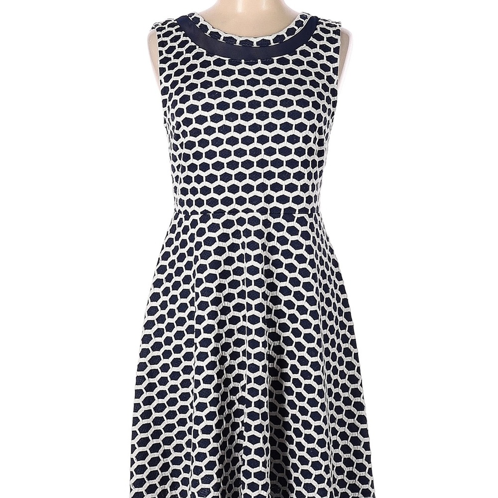 Blue and white sleeveless midi dress